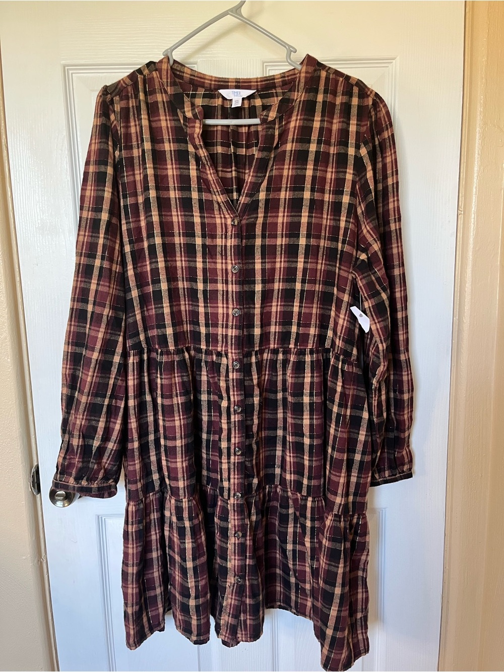 Time and Tru Burgundy & Brown Plaid Tiered Long-Sleeve Shirtdress Prairie - Picture 12 of 13